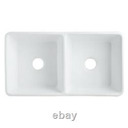 Double Bowls White Rectangle Ceramic Farmhouse Apron Kitchen Sink 30 L x 18 W