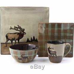 Elk Dinnerware Plates Mugs Bowls Rustic Cabin Ceramic Moose 16 Pc Dish Stoneware
