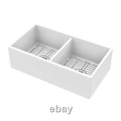Farmhouse Apron Front Fireclay 33 In. 50/50 Double Bowl Kitchen Sink In White Wi