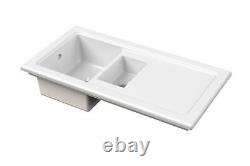 Fireclay Ceramic 1.5 Bowl Kitchen Sink & Plain Drainer 1010mm White