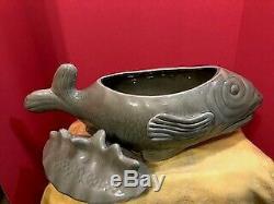 Fish Shaped Covered Tureen with 8 Bowls by Aegitna Ceramiques, Vallauris France