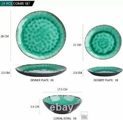GREEN Coco 24pc Dinner Set 8 Stoneware Serving Dish Dessert Plates Cereal Bowls