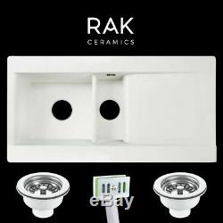 Genuine RAK 1.5 Bowl Ceramic Kitchen Sink FREE Basket Strainer Wastes DSINK1