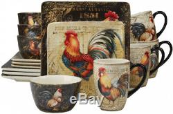 Gilded Rooster 16-piece Dinnerware Set Kitchen Square Dinning Plates Bowls Mugs
