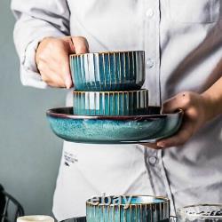Glazing Ceramic European Creative Kitchen Dinner Set Bowls Plates Spoons Blue