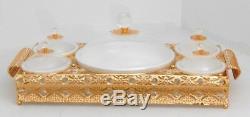 Gold handle & metal serving tray with 4 ceramic condiment bowls with round platt