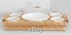 Gold handle & metal serving tray with 4 ceramic condiment bowls with round platt