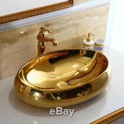 Golden Ceramic Oval Basin Bowl Bathroom Vessel Sinks Mixer Faucet +Pop Drain Kit