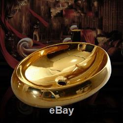 Golden Ceramic Oval Basin Bowl Bathroom Vessel Sinks Mixer Faucet +Pop Drain Kit