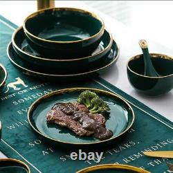 Green Ceramic Dinner Set Gold Inlay Plate Steak Plates Nordic Style Bowl Bowls