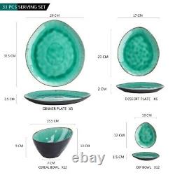 Green Coco 33pc Set Dinner Stoneware Serving Dish Dessert Plates Cereal Bowls