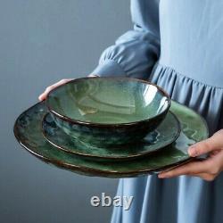 Green Porcelain Set 12pcs 4person Set Dinner Stoneware Dish Plates Cereal Bowls