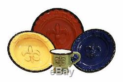 Hand Painted Dinnerware Set Tuscany Dishes Plates Colorful 16 PC Bowls Fleur De
