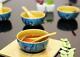 Hand Painted Light Blue Ceramic Soup Bowl with Spoon Set of 4