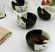 Hand Painted in Speckled Black N White Ceramic Soup Bowl with Spoon Set of 4