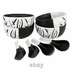 Hand Painted in Speckled Black N White Ceramic Soup Bowl with Spoon Set of 4