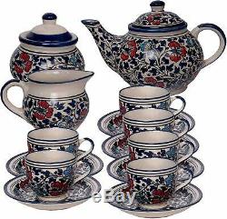 Handmade Blue Pottery Ceramic Tea Set Cups Plates Kettle Sugar Bowl Milk Pourer