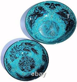 Handmade Turkish Ceramic Pottery Set of 2 Extra Large Serving Bowls (Green/Blue)