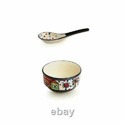 Handpainted Ceramic Modern Soup Bowl Set with Spoon'Soupy Huts' (260 ml, Set 4)
