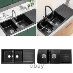 Inset Quartz Stone Double Bowl Kitchen Sink withDrainer Waste Kit & RH Drain Tray