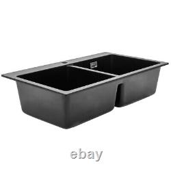 Inset Undermount Black Quartz Stone Double Bowl Kitchen Sink with Drainer Waste