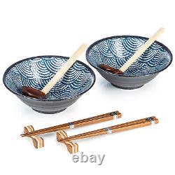 Japanese Ceramic Ramen Noodle Soup Bowl Set with Chopsticks & Spoons Seikaiha