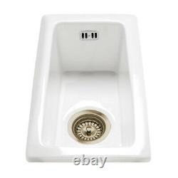 KAstini Hampton 50 0.5 Bowl White Ceramic Undermount Kitchen Sink & Bronze Waste