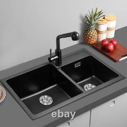 Kitchen Sink 1/2 Bowls Stone Resin Bathroom Insert Basin With Drainer Waste Kits