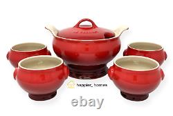 LE CREUSET (6 piece) Cerise Red Soup Set Tureen with Lid + 4 Bowls, NEW in Box