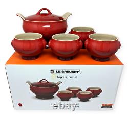 LE CREUSET (6 piece) Soup Set, CERISE Red Tureen with Lid & 4 Bowls, NEW in Box