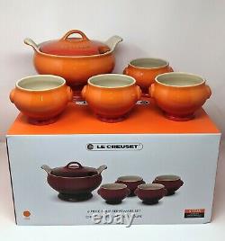 LE CREUSET Soup Set, Volcanic Flame Orange Serving Bowl with Lid & 4 Bowls NEW