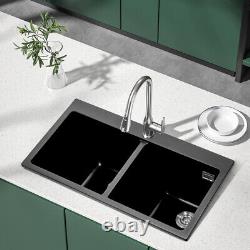Large Stone Resin 2.0 Kitchen Sink with Waste Kit Inset Sinks 2 Deep Bowls Black