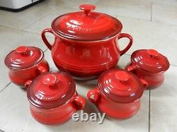 Le Creuset Red Ceramic Casserole/soup Pot And 4 Lidded Bowls Excellent Condit