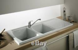 Luna Ceramic Kitchen Sink 2 Bowl Pure White Including Waste And Plumbing