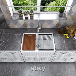 MEJE 30x20 Double Bowl Workstation Kitchen Sink Ceramic Farmhouse White