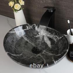 Marbling Bathroom Ceramic Vessel Sinks Oval Basin Bowl Combo Black Tap Drain Set