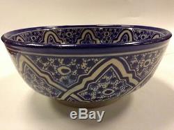 Moroccan Hand Painted Large Glazed Bowl Cobalt Blue Arabesque Design