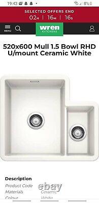 Mull 1.5 bowl RHD u/mount ceramic white sink