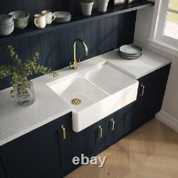 Nuie Butler Fireclay Flush Weir Kitchen Double Sink Bowl 795mm White Modern
