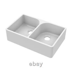 Nuie Butler Fireclay Flush Weir Kitchen Double Sink Bowl 795mm White Modern