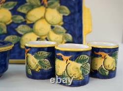 PICCADILLY COSTA d'AMALFI 6 Espresso Cups Sugar Bowl Tray Set Ceramic Blue Lemon