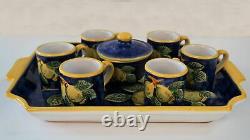 PICCADILLY COSTA d'AMALFI 6 Espresso Cups Sugar Bowl Tray Set Ceramic Blue Lemon