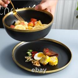 Porcelain Dinner Plate Set Gilt Rim Black Kitchen Ceramic Bowl Cutlery Tableware