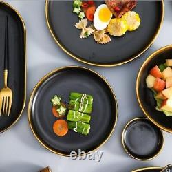 Porcelain Dinner Plate Set Gilt Rim Black Kitchen Ceramic Bowl Cutlery Tableware
