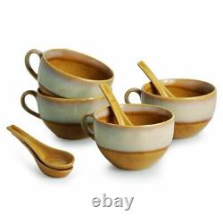 Pottery Ceramic Soup Bowls with Spoons Set & with Handle (Set of 4, 450 ML)