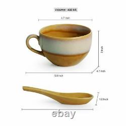 Pottery Ceramic Soup Bowls with Spoons Set & with Handle (Set of 4, 450 ML)