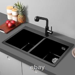 Quartz Stone 2.0 Bowl Kitchen Sink with Drainer Waste Kit Inset Bowls 83cm Black