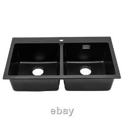 Quartz Stone 2.0 Bowl Kitchen Sink with Drainer Waste Kit Inset Bowls 83cm Black
