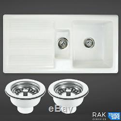 RAK Ceramics Kitchen Sink Rustic 1.5 Bowl White Ceramic Reversible with Wastes