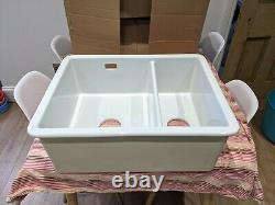 Rangemaster Rustique 1.5 Bowl RH / White Ceramic Undermount Sink / Chrome Wastes